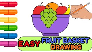 How to Draw a Fruit Bowl with Grapes, Apple, Orange & Banana | Easy Coloring for Kids Step by Step
