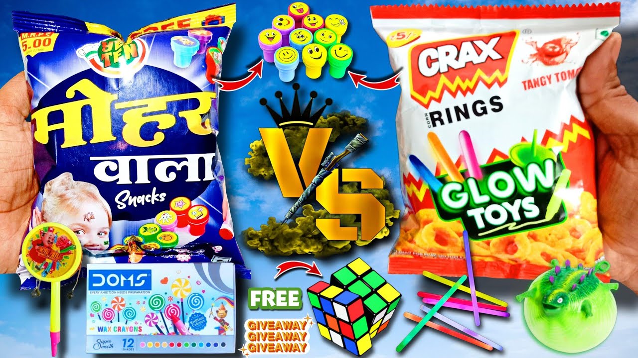 Four 😱Snacks Mohar Wala VS Crax Rings Glow Toys With Unique Free Gift Inside | ये क्या निकल गया