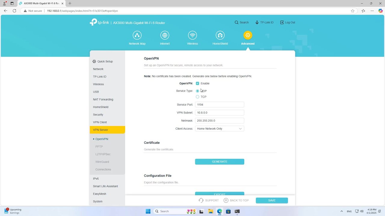 как настроить OpenVPN-сервер на TP-Link AX