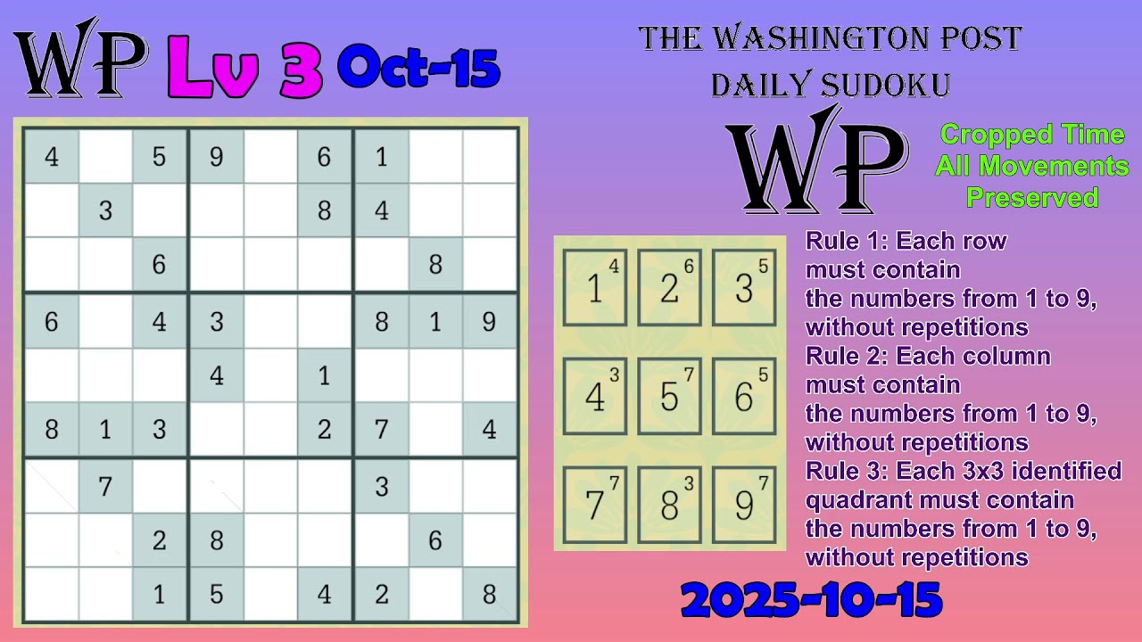 The Washington Post Daily Sudoku 2025-10-15 Level 3 - YouTube