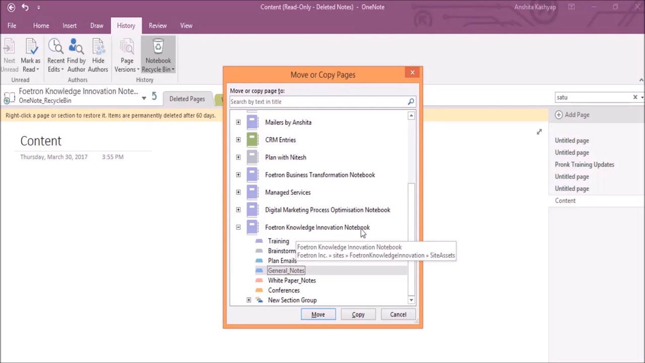 Find deleted notes on onenote