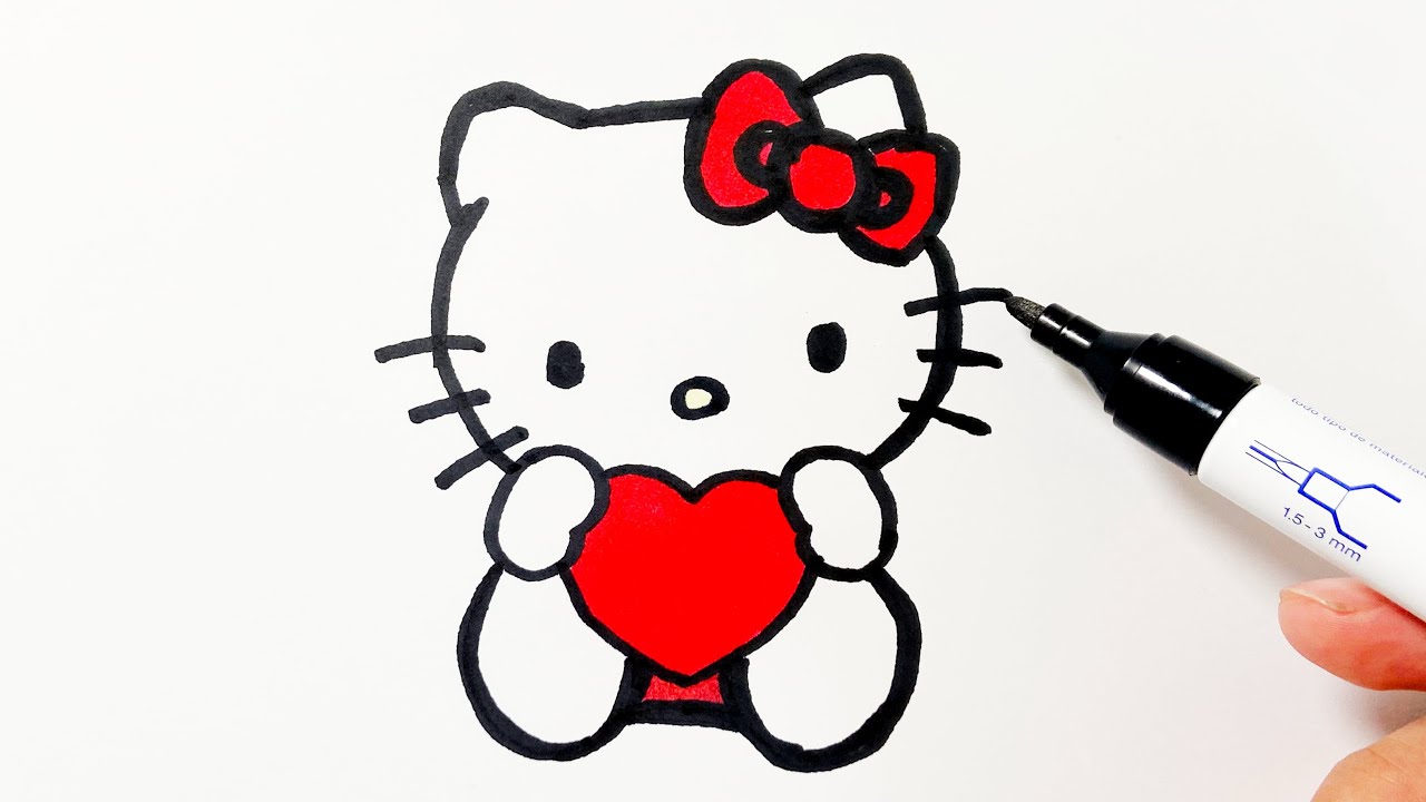 Hello Kitty drawing with love heart, How to draw Hello Kitty step by step