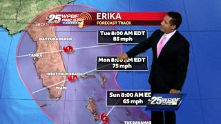 Erika still holding on to 45 mph winds, moving west