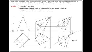 A square pyramid 35 mm sides of base and 60 mm axis length rests on HP on one of its base corner.