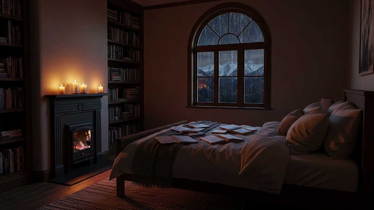 Rain Tapping on the Window 🌧️ Cozy Fireplace ASMR for Deep Sleep (3 Hours)
