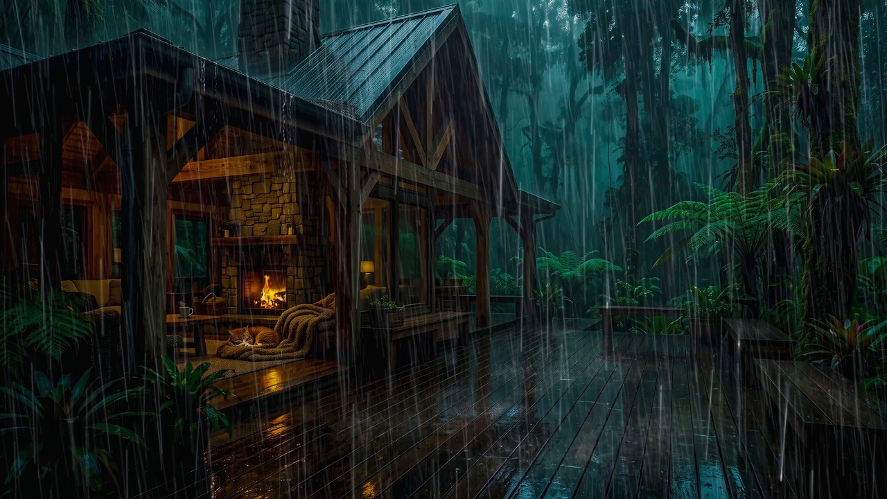 Forest Cabin Rain Sounds 🌧️ | Cozy Fireplace & Sleeping Cat for Deep ...