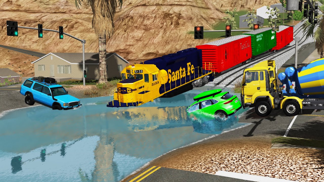 Cars and Trains vs Deep Water - Giant Water Pit #16 | BeamNG DRIVE