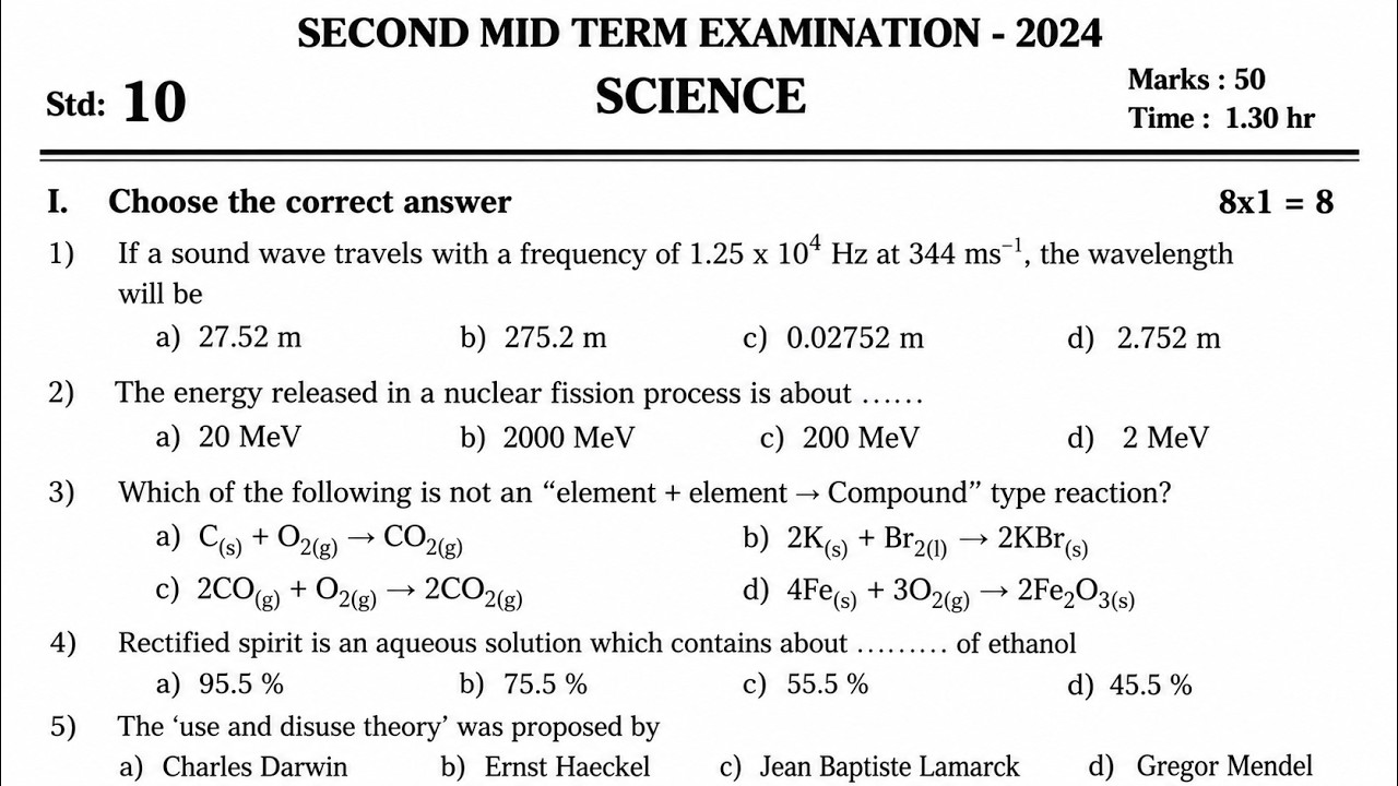 10th Science Second Mid Term Question Paper 2024 | TN Samacheer Kalvi ...