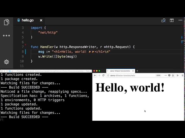 Live-reload demo in Fission.io - an open source, Kubernetes native serverless framework