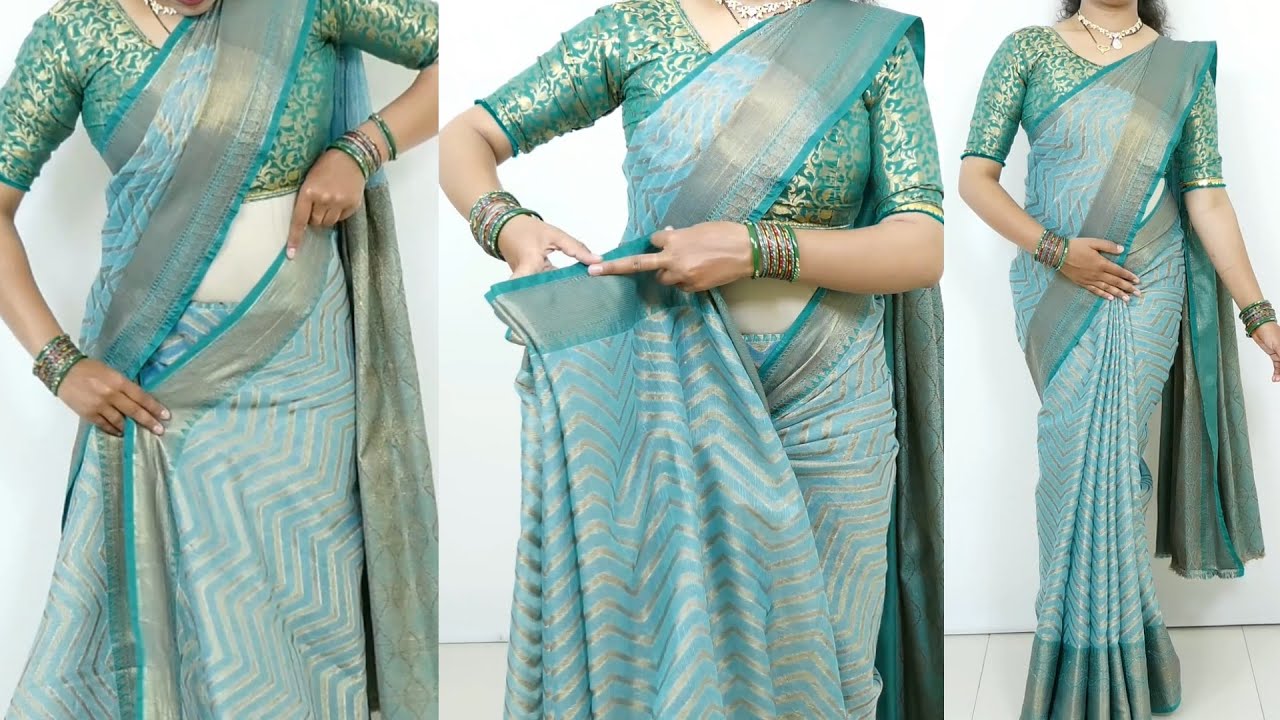 Buy Triyah Blue Cotton with Gold Border Saree without Blouse online