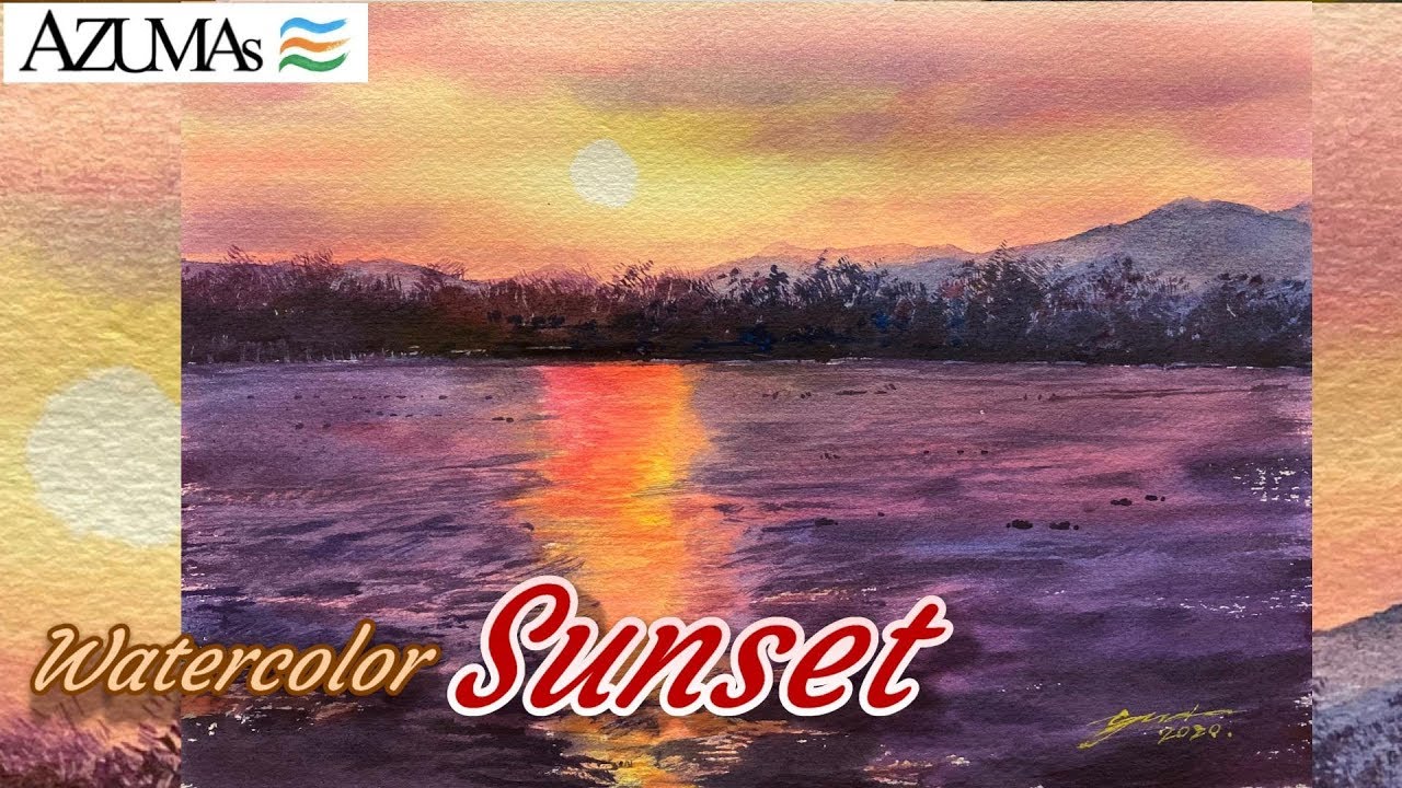 水彩画描き方 風景 夕日 夕焼け 湖 水面 空 解説付き Watercolor Youtube