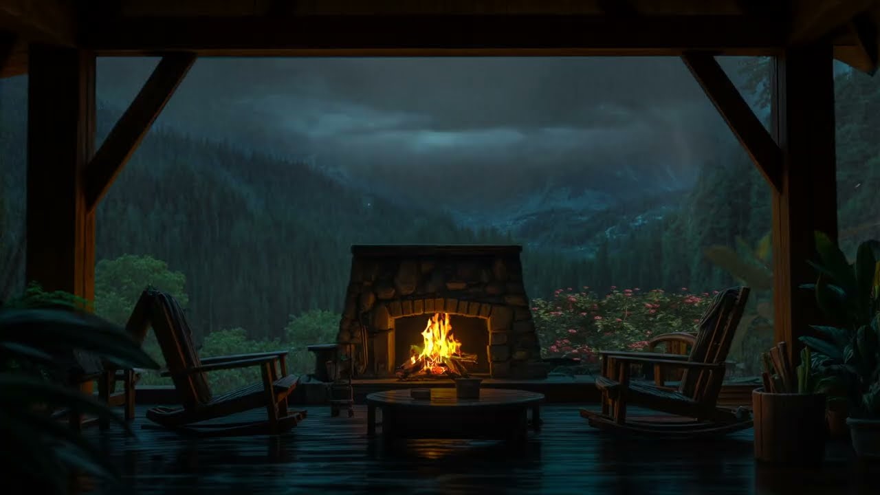 Thunderstorm Night on a Mountain Porch ⚡ Heavy Rain, Thunder & Fire Ambience for Deep Sleep