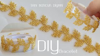 Kum boncuk Altın Yapraklı Bileklik Yapımı//Seed bead ,Gold Leaf Bracelet How to make beaded bracelet