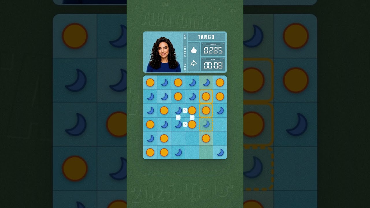 LinkedIn Tango #285 solved board for July 19, 2025, 6x6 grid