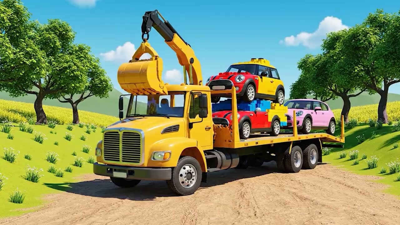 Monster Truck Flatbed Trailer Tractor Rescue Bus - Cars vs Rails and Train - Cars vs Deep Water #5