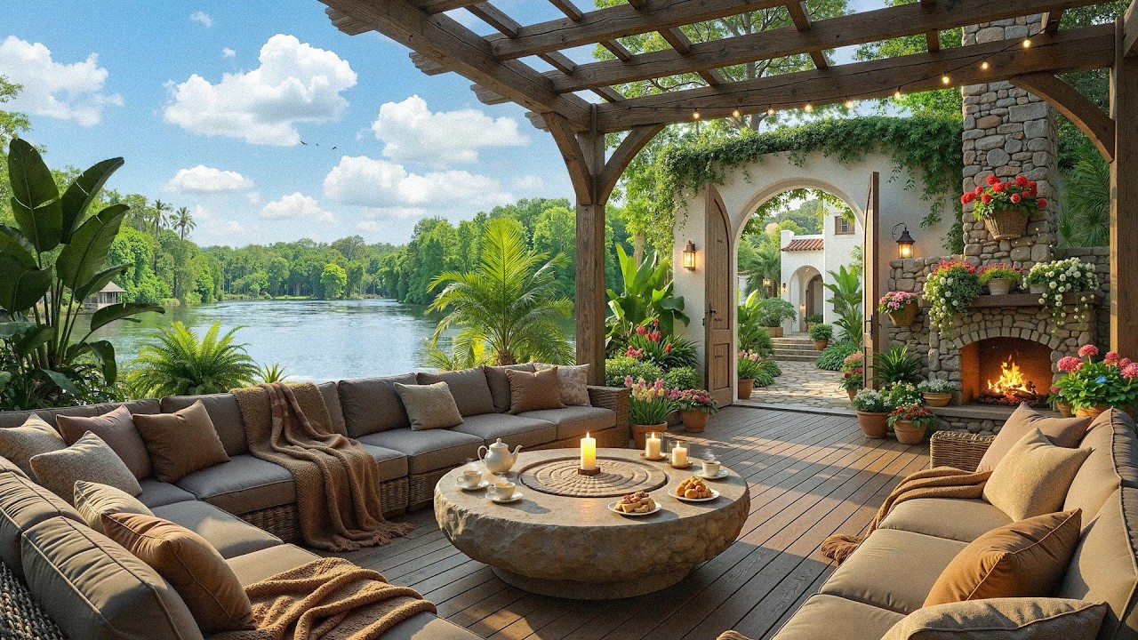 Calming Morning Jazz Music At Lakeside Garden Café☕Smooth Jazz Music & Forest Sound To Positive Mood