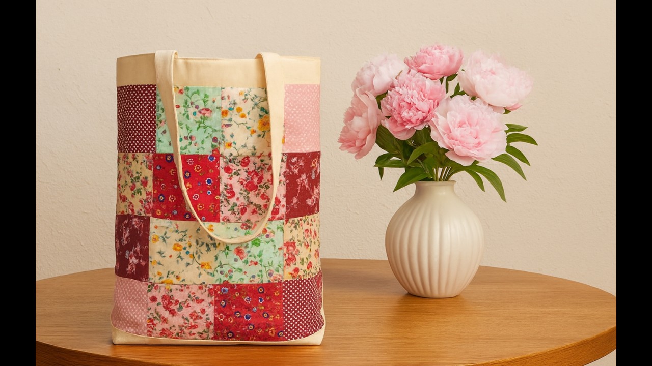 How can we sew a patchwork fabric bag using just a few pieces of fabric?