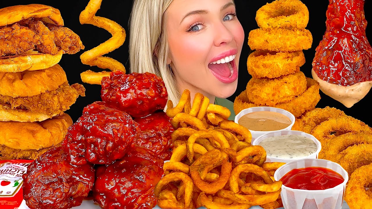 ASMR MUKBANG, Spicy Jalapeno Chicken Sandwich, Curly Fries, Dill Dip, Crispy Onion Rings Coleslaw 먹방