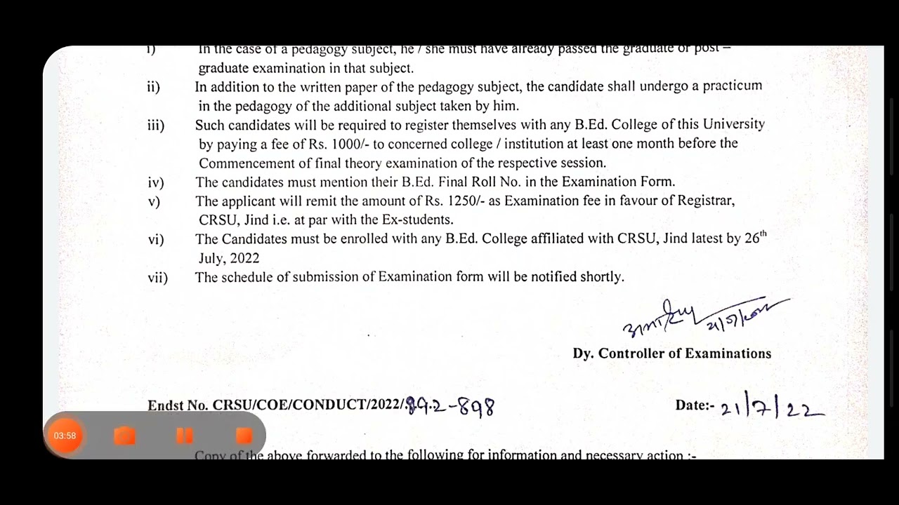 CRSU UNIVERSITY JIND:B.Ed additional subject terms, conditions and examination form schedule 2022