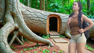Building a Hidden Forest Shelter Inside a Giant Tree | 100 Days Build a Treehouse