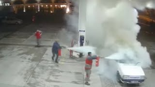 Car Completely explodes at gas station after man tries to light a cigarette