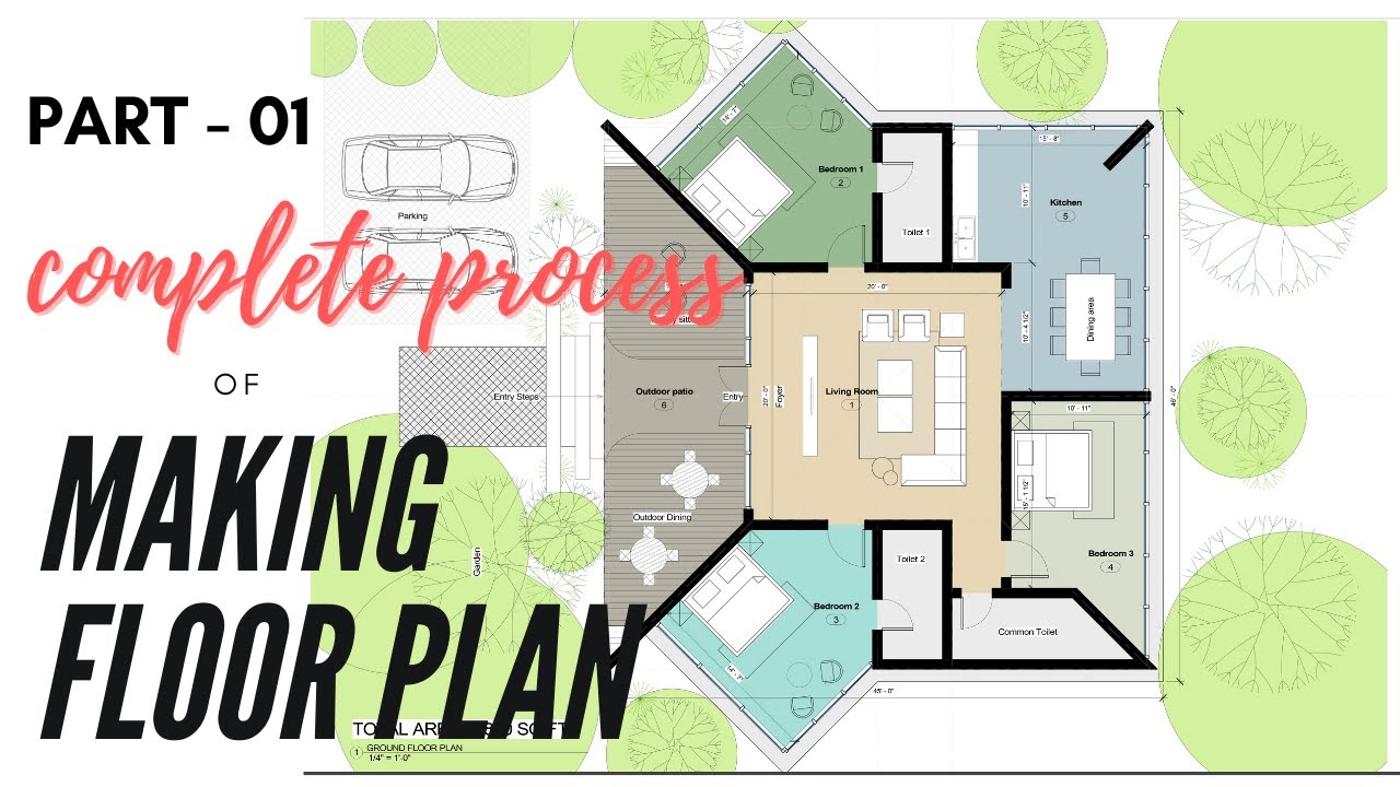 PART-1 | Making a simple floor plan | 46'x46' Farm House Design plan | How to draw house floor plan