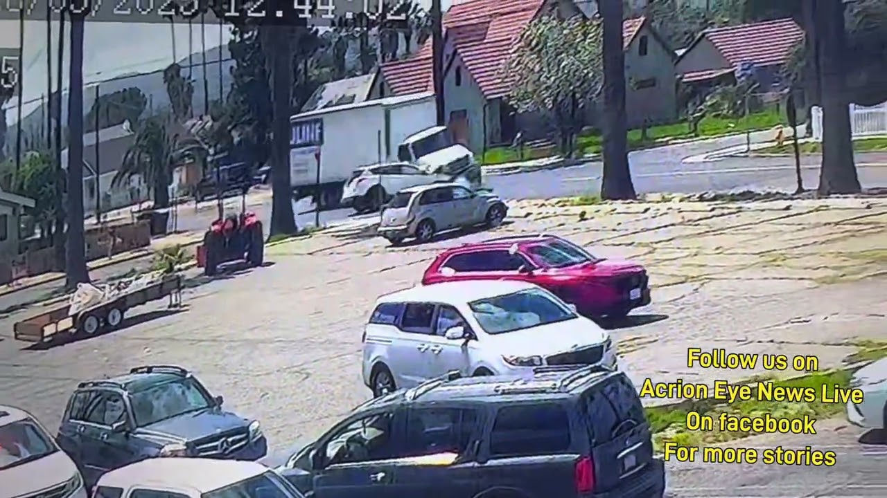 Camera footage of car runs stop sign crashing into Uline box truck on kimball & State st in Hemet