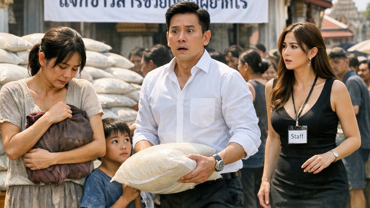 เจ้าสัวร่ำไห้คางานแจกข้าว เมื่อเห็นอดีตภรรยาต่อคิวรับความช่วยเหลือ