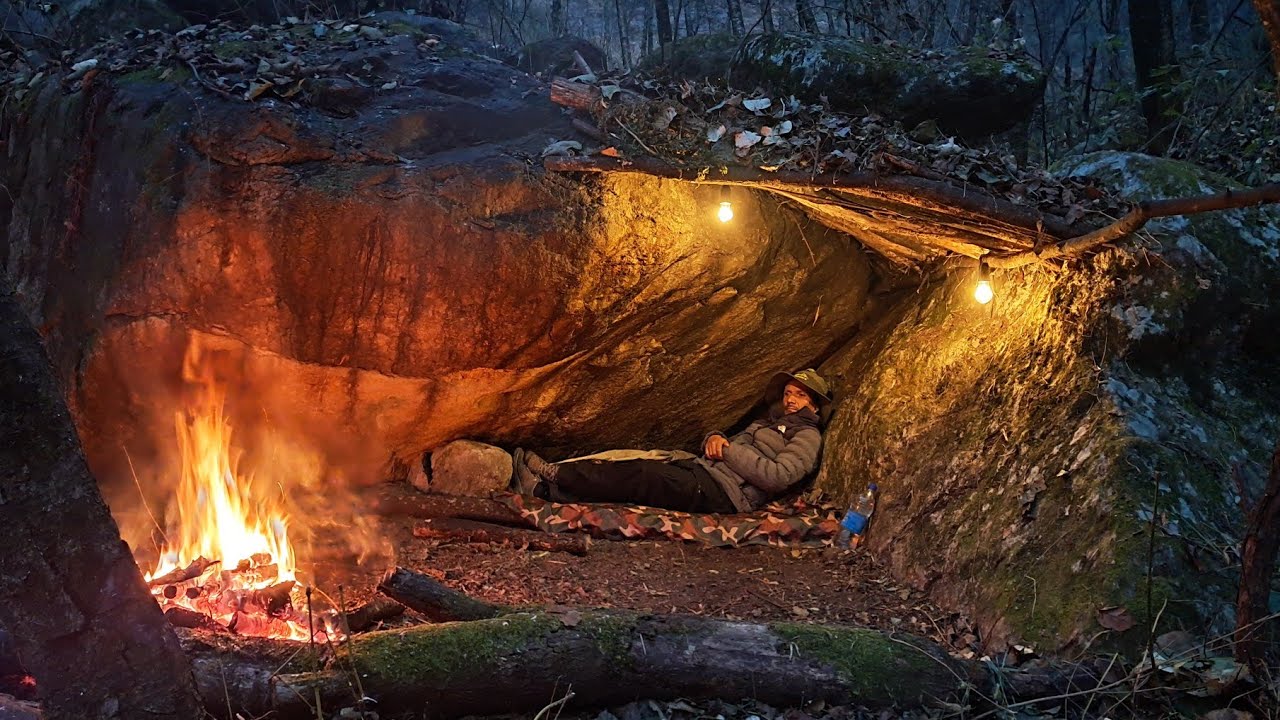 Solo Bushcraft Camping: Building a Cave Survival Shelter with Natural ...