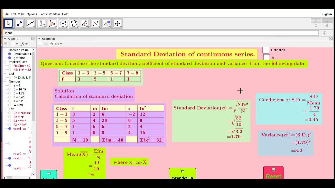 How to calculate Standard deviation of continuous series ? on Geogebra