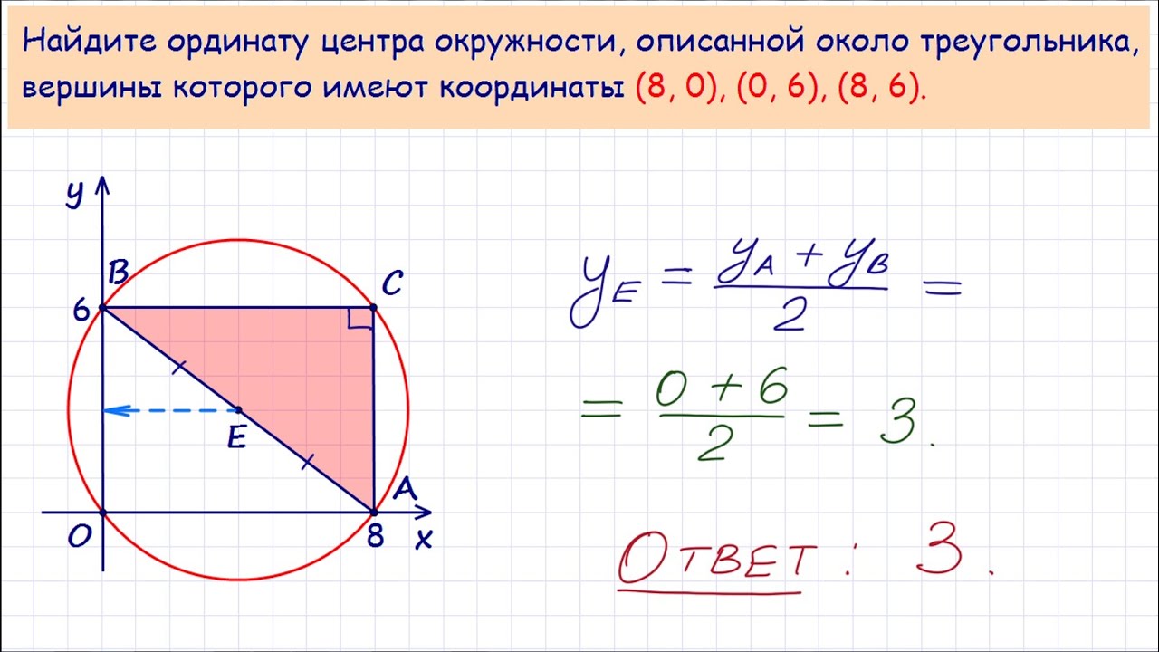 Точка центра окружности описанной около треугольника. Найдите координаты центра описанной около треугольника окружности. Координаты центра окружности описанной около треугольника. Координаты центра описанной окружности треугольника. Ордината центра окружности.