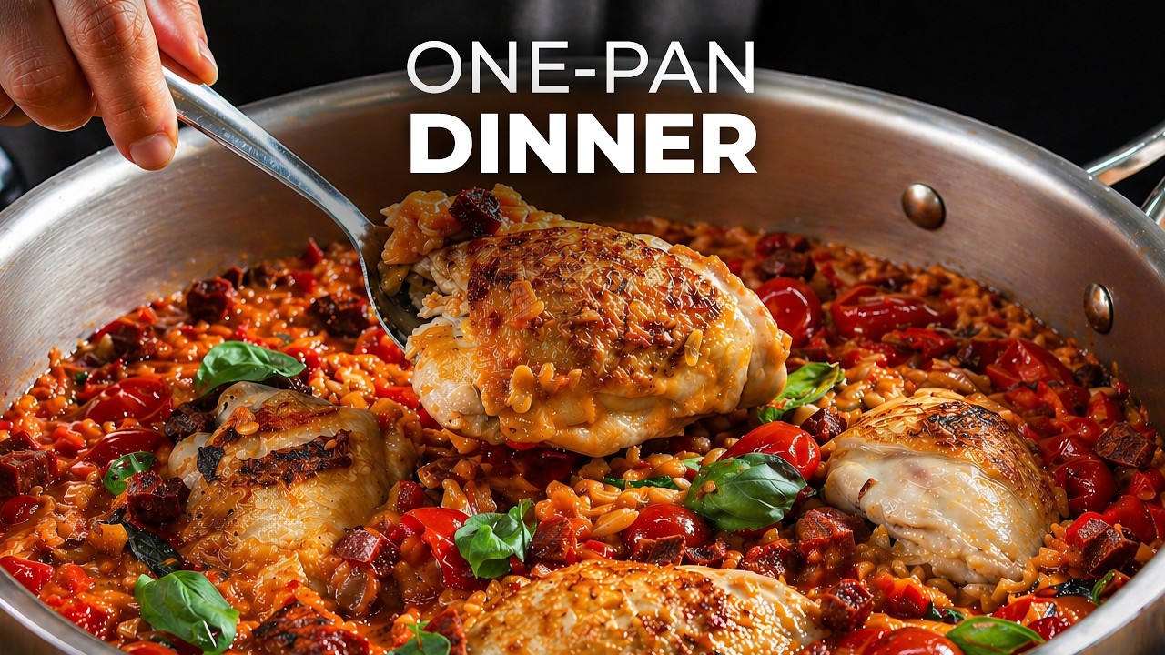 One Pan Creamy Chicken Chorizo Orzo | Easy 30 Minute Dinner