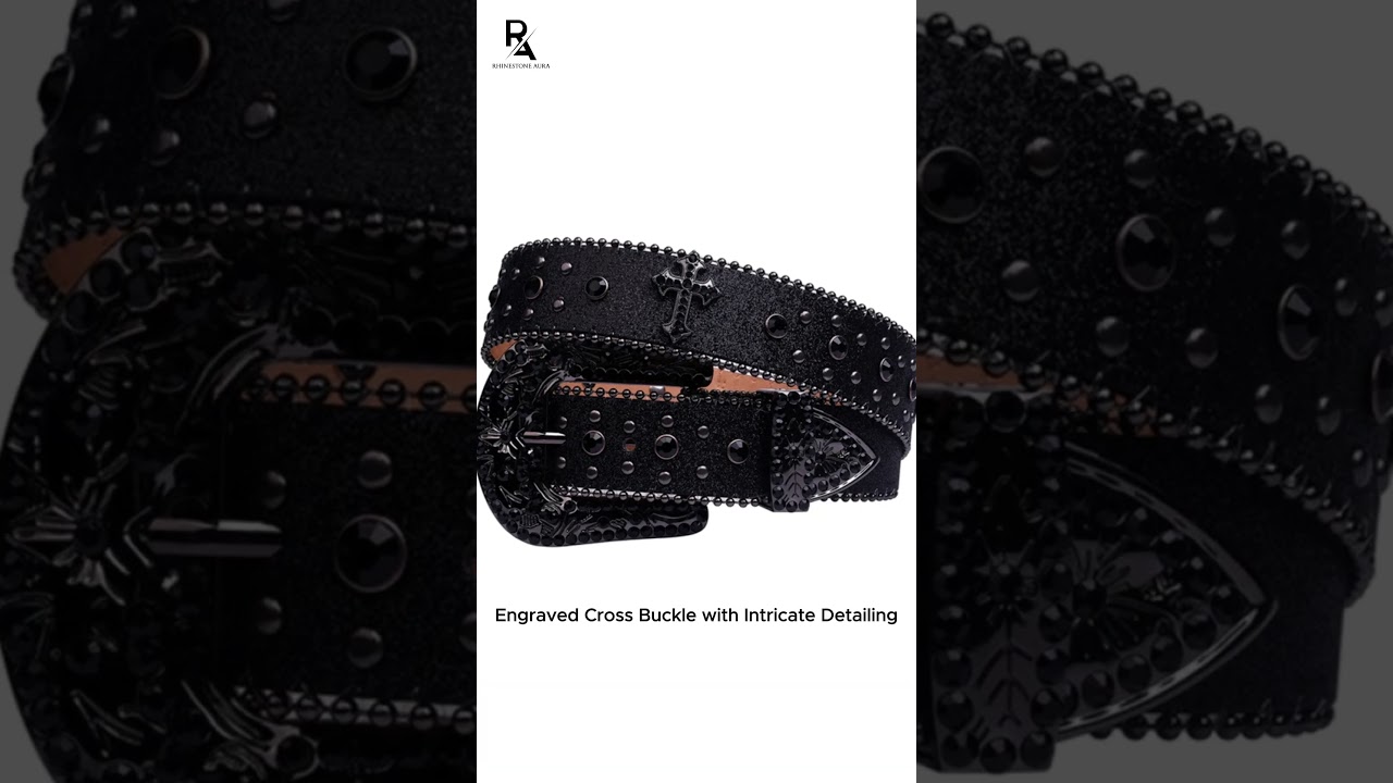 Engraved Buckle Cross Black Strap with Black Studded Rhinestone Belt