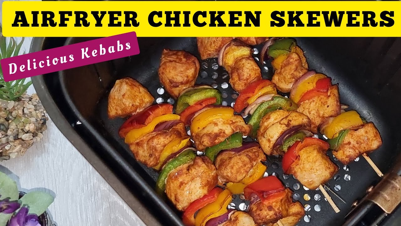 Air fryer Chicken Skewers Kebab with Vegetables. Chicken Breast Bites Kabobs