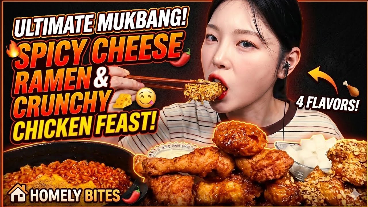 MOST SATISFYING ASMR: Spicy Korean Ramen + Huge Fried Chicken Feast 🍗🔥#asmr #mukbang #eatingasmr 