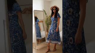 Women'S Dress Bohemian Short Sleeve Summer V-Neck Split Floral Printed Casual Maxi Dresses for Be...