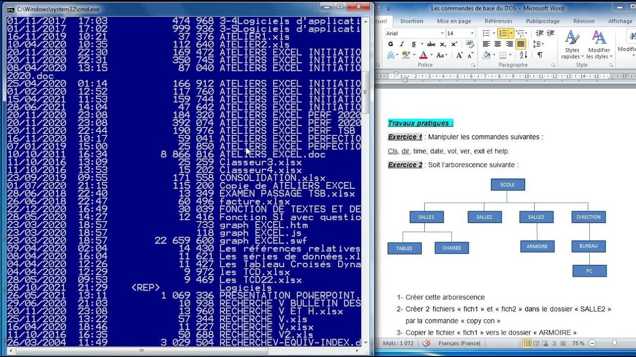 Exercices pratiques sur 20 commandes DOS les plus demandes MD CD RD TREE XCOPY MOVE