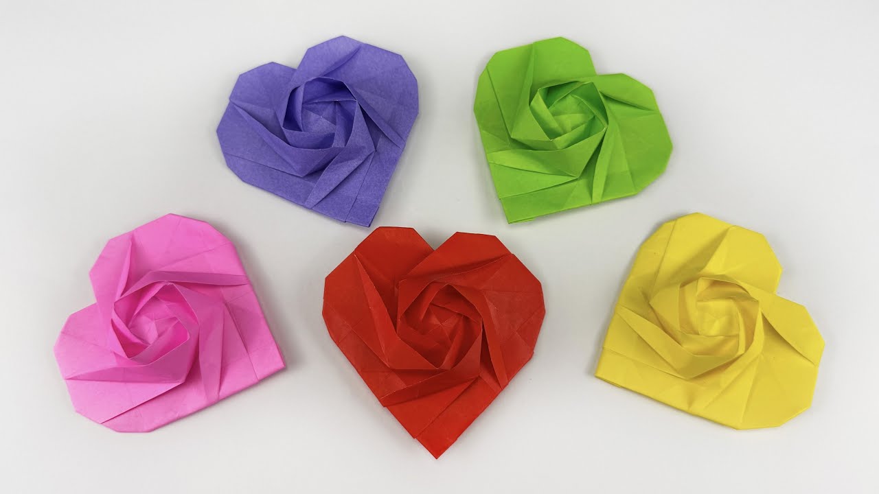 【折り紙】1枚でバラ付きハート🌹How to make paper Rose#薔薇#ばら#Rose#玫瑰#장미#花#flower#ハート#heart#折り方#おりがみ#origami#摺紙#종이접기