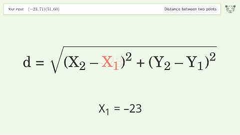 Find the distance between two points p1 (-23,71) and p2 (51,60): Step-by-Step Video Solution