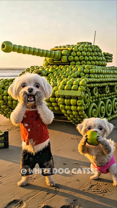 😭 The cat on the banana plane destroyed the apple tank built by the poor dog and his puppy🍏