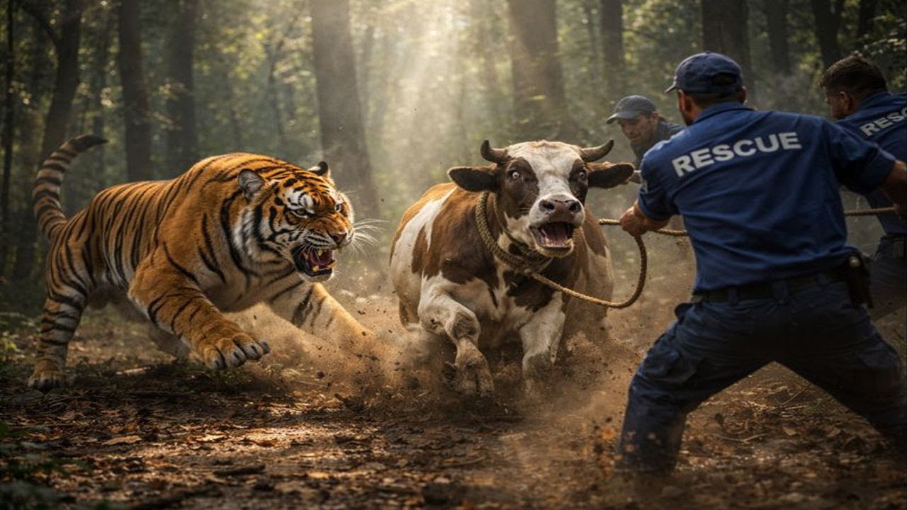 Heroic Rescue Team Saves Innocent Cow from Tiger Attack - YouTube