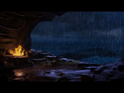 🌊Cozy Cave with Rain & Ocean Waves sounds🔥Thunderstorm & Campfire for Sleep, Study, Relax⛈️