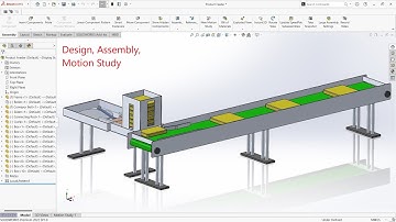 Product feeder on conveyor line design assembly and motion study in solidworks