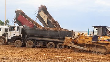 Incredible Road Construction Equipment Working Bulldozer Pushing Dirt & Dump Truck Unloading dirt