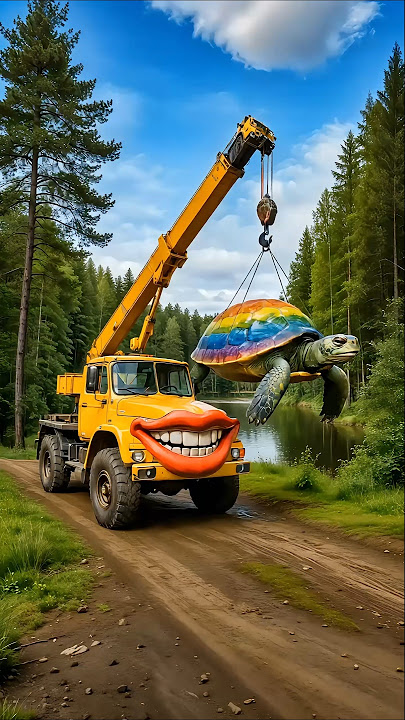 Crane truck and rainbow turtle transform into a robot