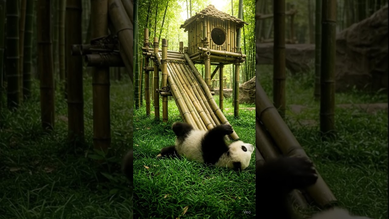 Baby panda rolling down the bamboo slide 
