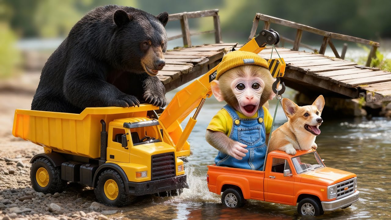 🐵🐶 Monkey & Corgi Puppy Fall Into Water, Rescued By Bear And They Rebuild The Bridge Together