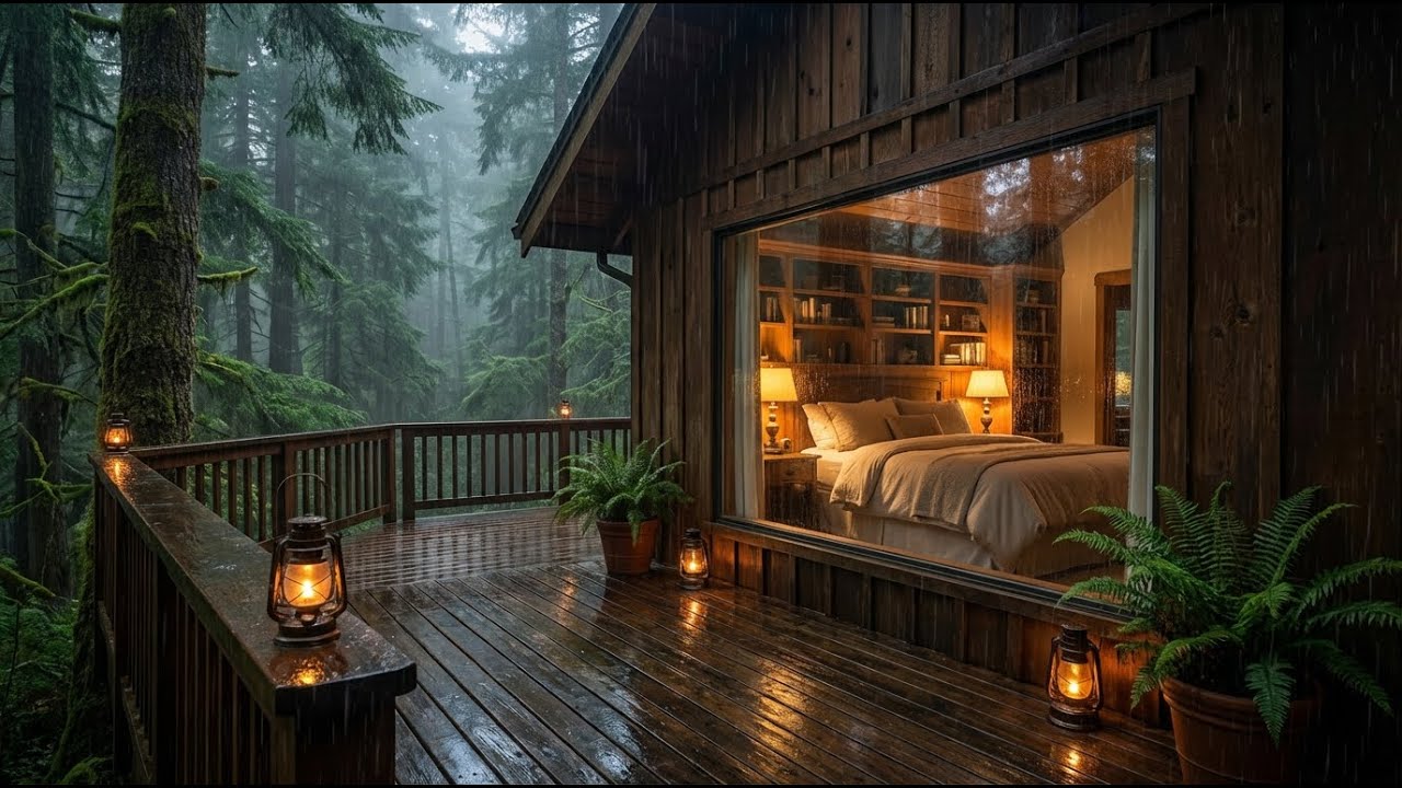 Deep Rest Rain & Felt Piano Music in Warm Cabin Wood Deck for Instant Calm & Sleep 🌧️😴
