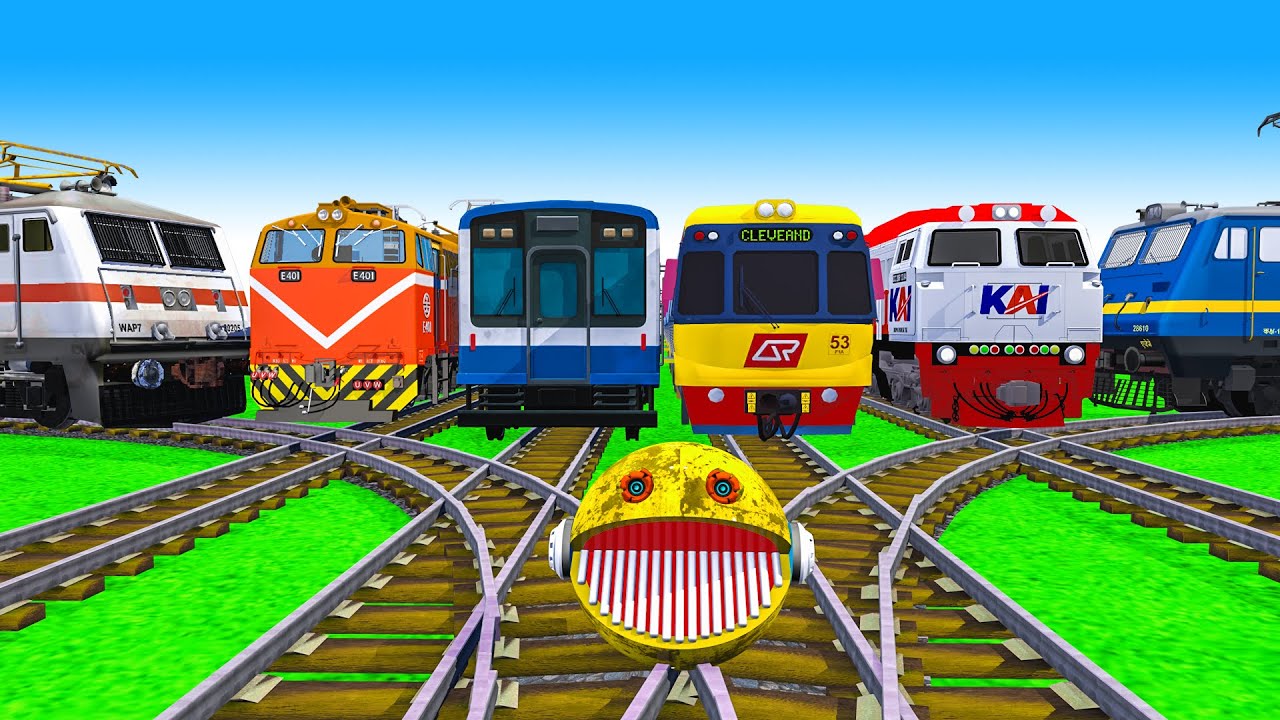 6 TRAINS CROSSING ON BUMPY FORKED RAILROAD CROSSING  BeamNG Driver Train Simulator vs pacman #train