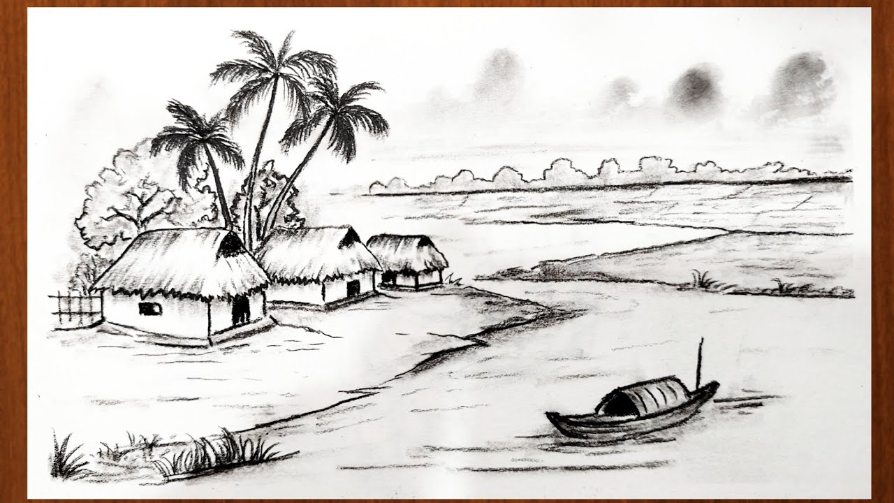 How to draw a village scenery/ easy charcoal drawing for beginners 
